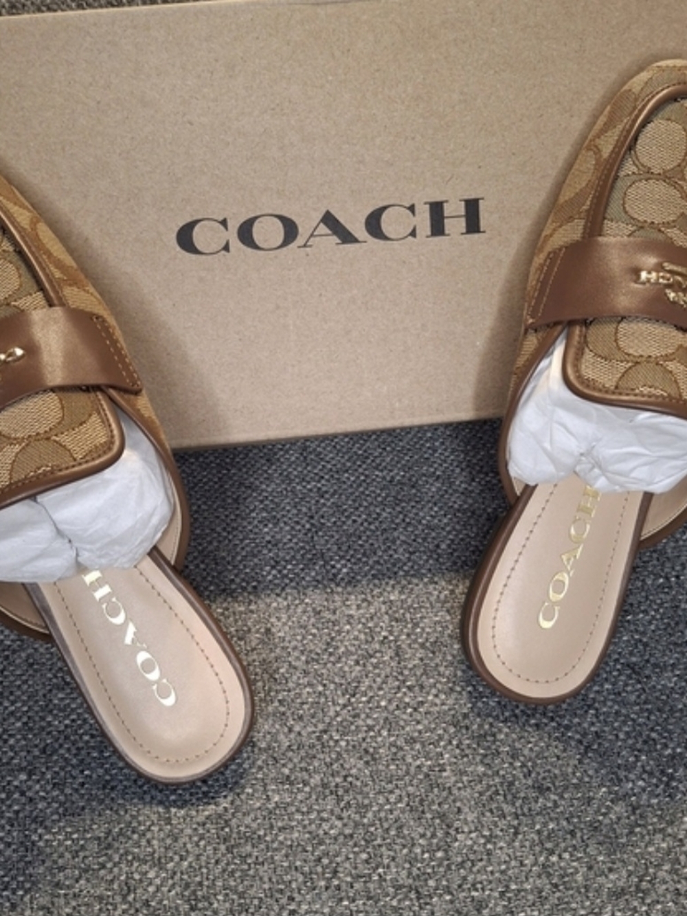 Coach Women's Tan Signature Jacquard Clog Mules with Leather Trim